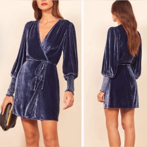 Reformation Blue Velvet Boheme Mini Wrap Dress XS - Picture 3 of 12